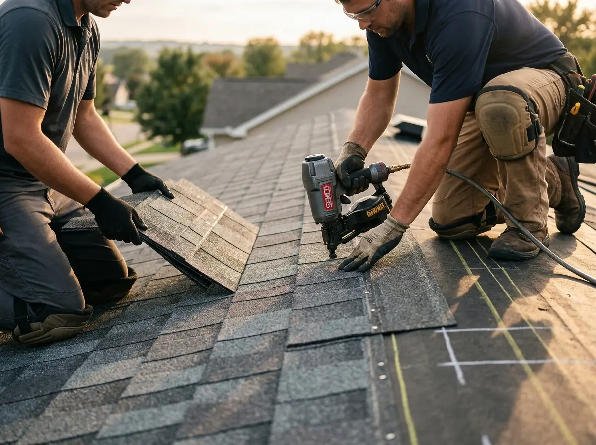 Professional roofer working on a residential roof in Saugerties